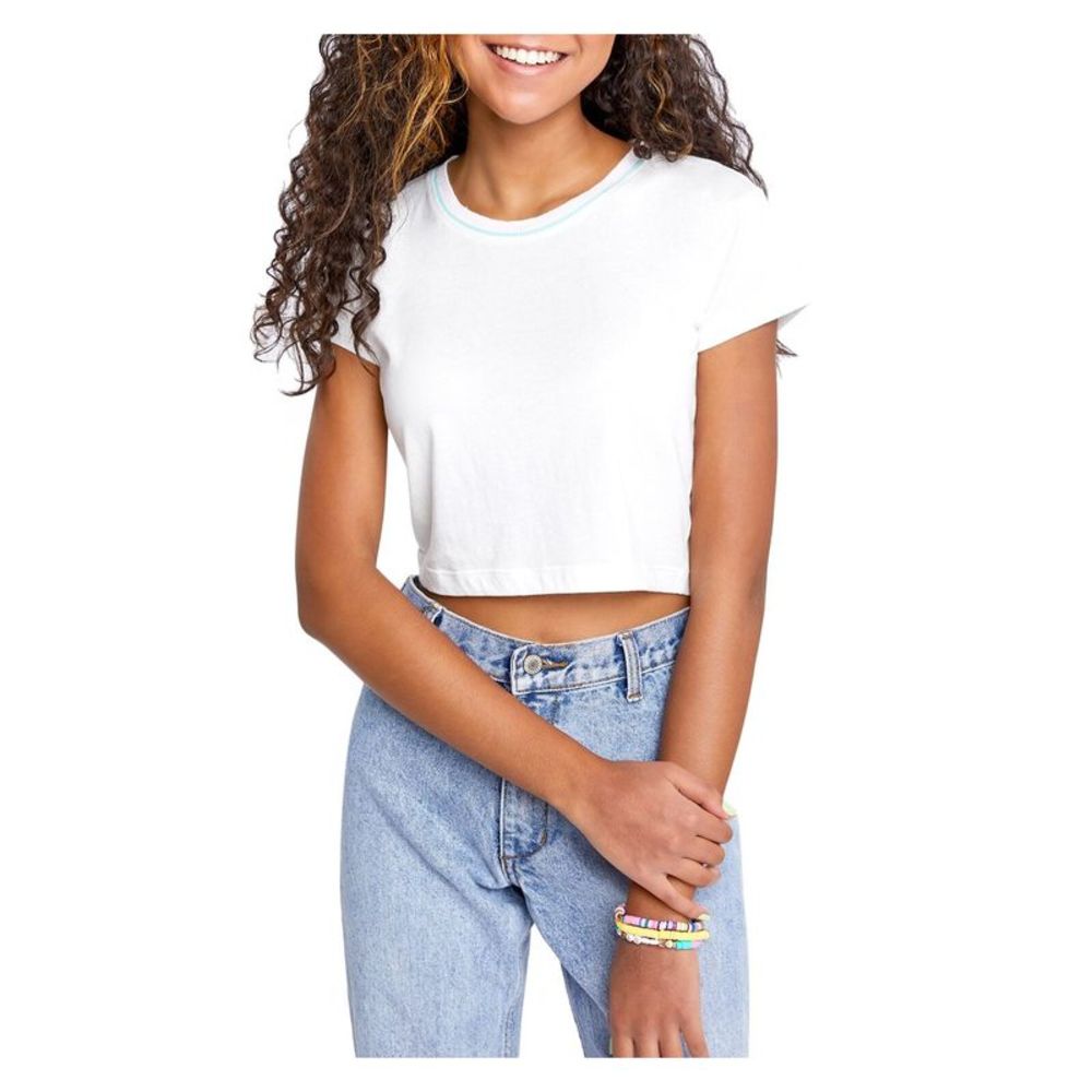 SUNDOWN BY SPLENDID Womens White Short Sleeve Crew Neck Crop Top Juniors L
